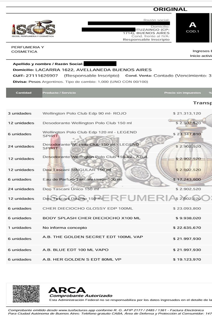 Factura con productos de diversas marcas